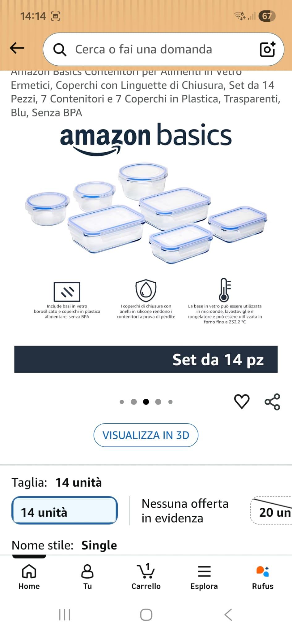 Amazon Basics Set contenitori alimenti in vetro ermetici 14 pezzi
