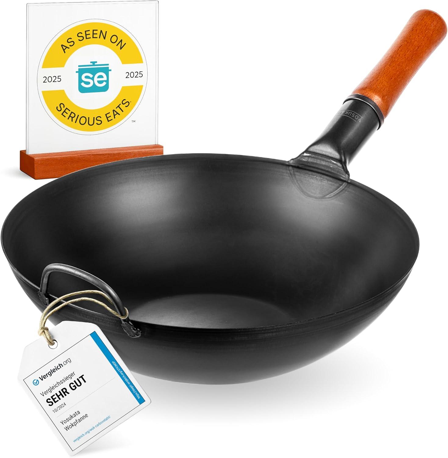 Yosukata Wok in Acciaio al Carbonio, 34 cm, Fondo Piatto